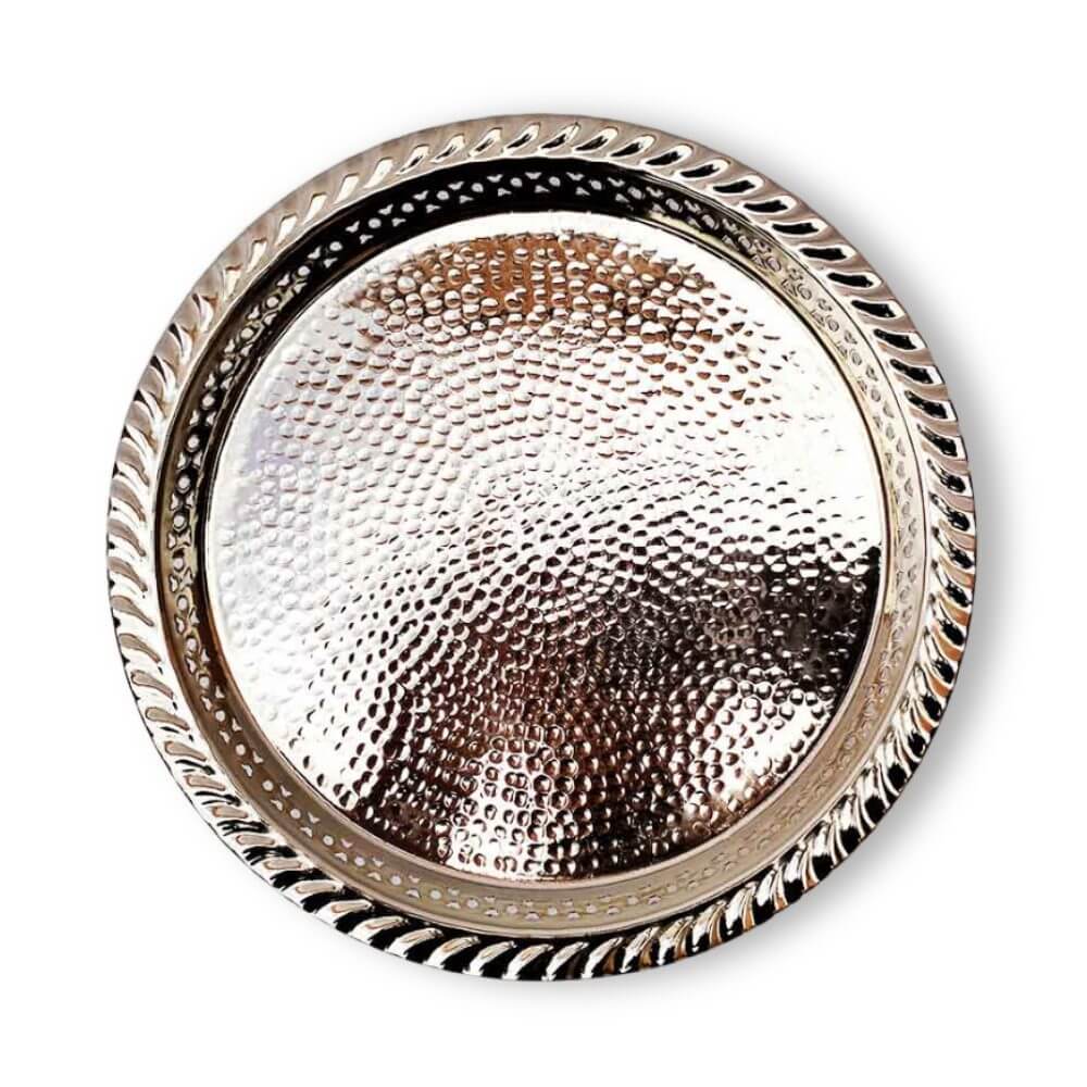 Hand Hammered Circle Tray with Feet – Traditional Silver-Plated Brass image 15