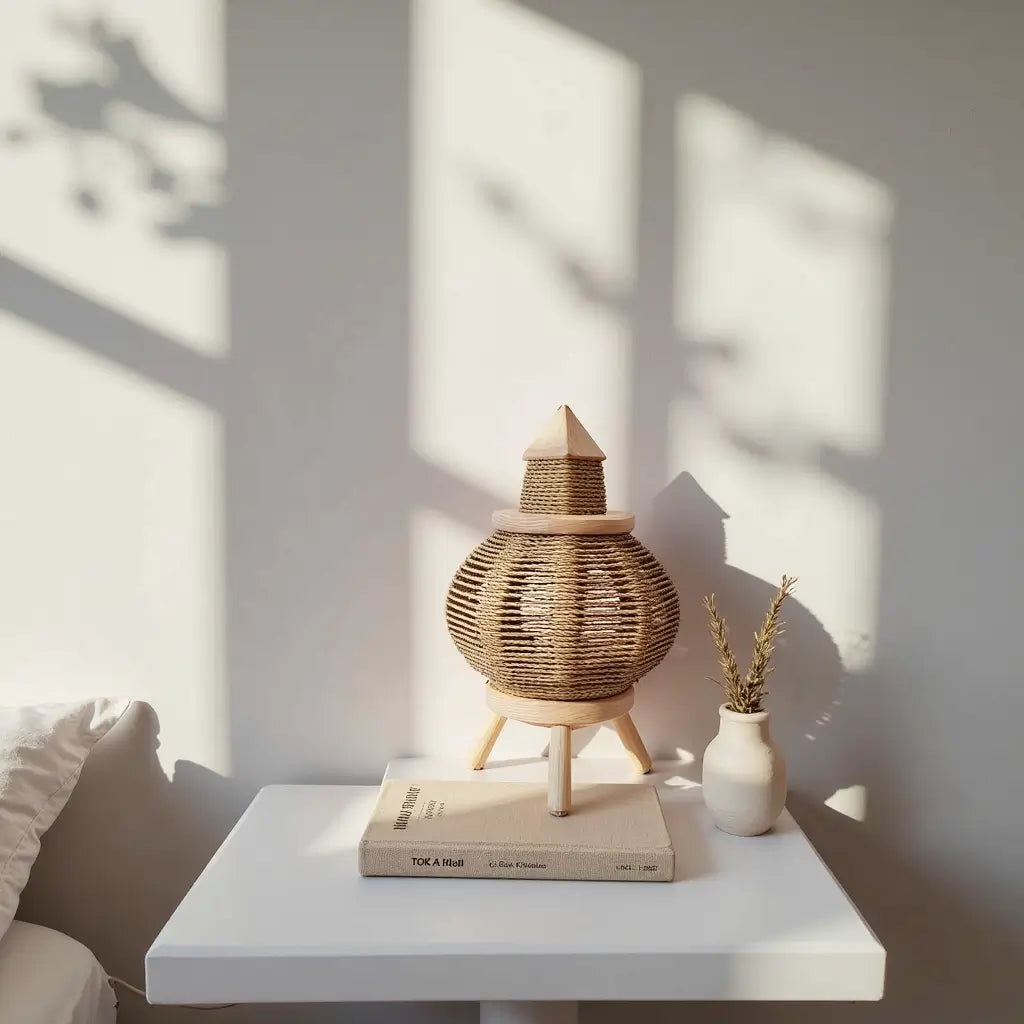 Round Straw Table Lamp with Lemon Wood Base – Handwoven Natural Lighting image