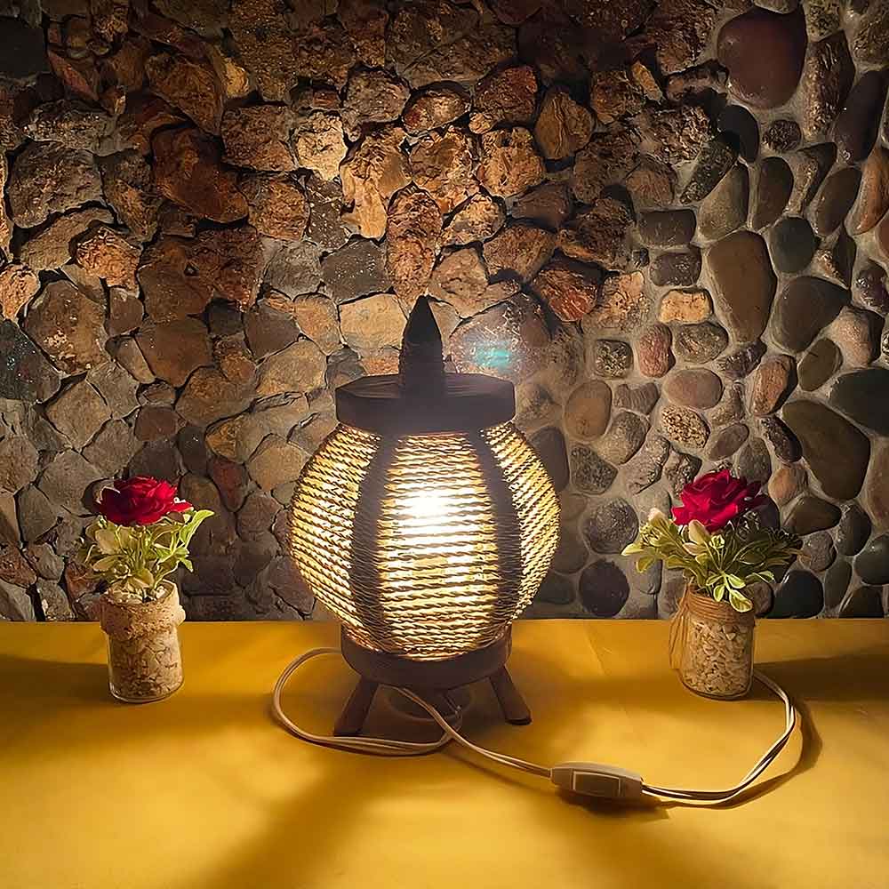 Round Straw Table Lamp with Lemon Wood Base – Handwoven Natural Lighting image 7