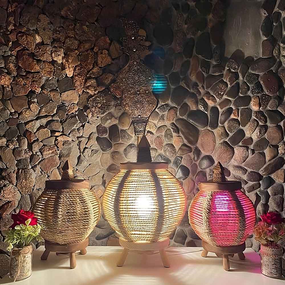 Round Straw Table Lamp with Lemon Wood Base – Handwoven Natural Lighting image 8