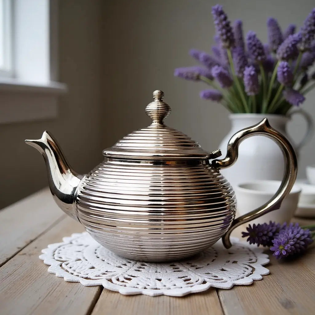 Silver-Plated Ribbed Teapot – Contemporary Moroccan Tea Service image 5