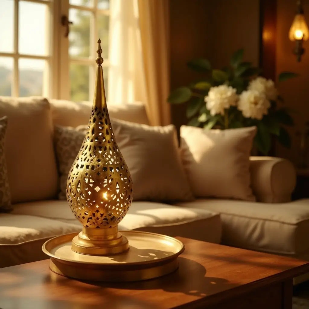 Brass Bedside Lamp 14″ – Hand-Pierced Moroccan Table Lamp with Arabesque Patt… image
