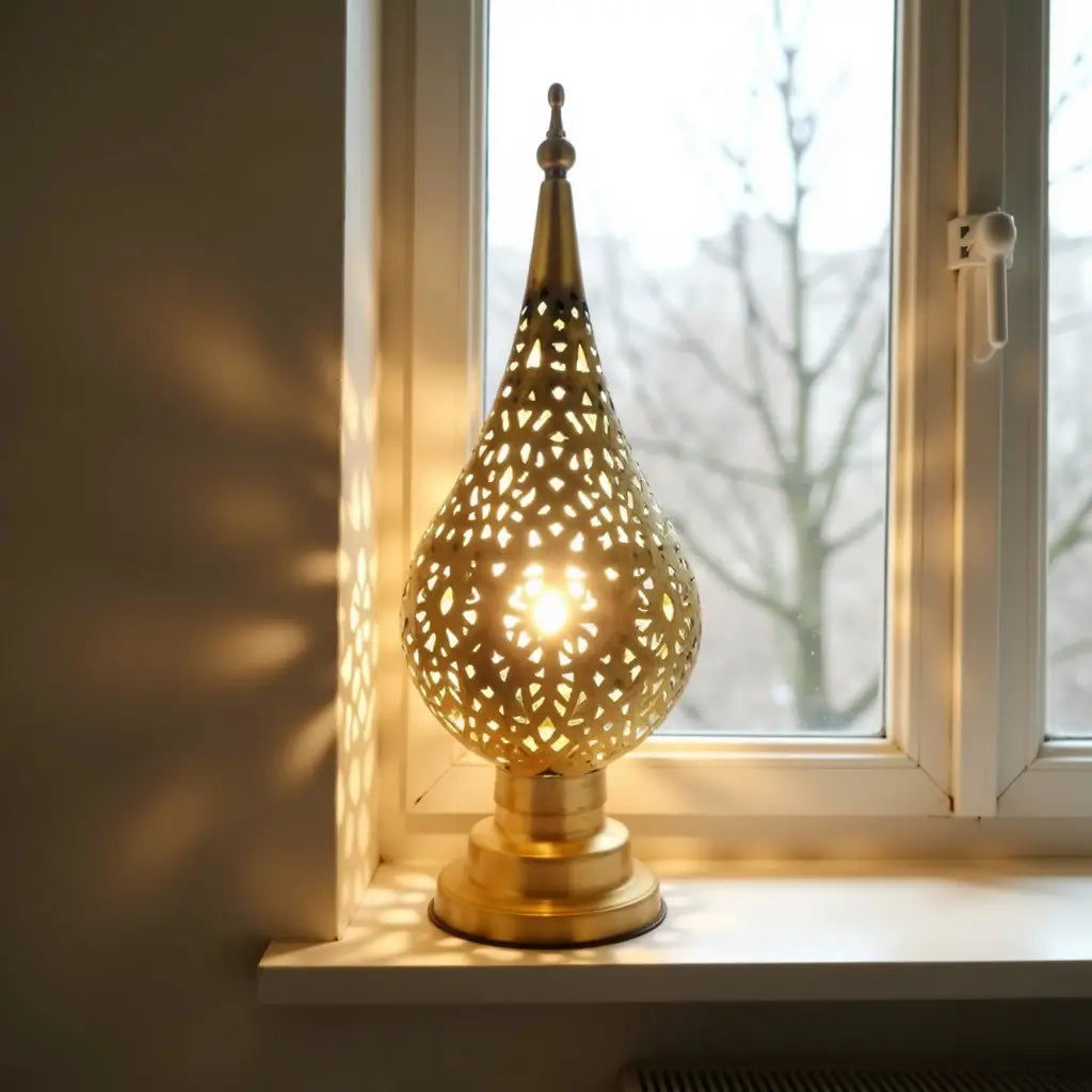 Brass Bedside Lamp 14″ – Hand-Pierced Moroccan Table Lamp with Arabesque Patt… image 4