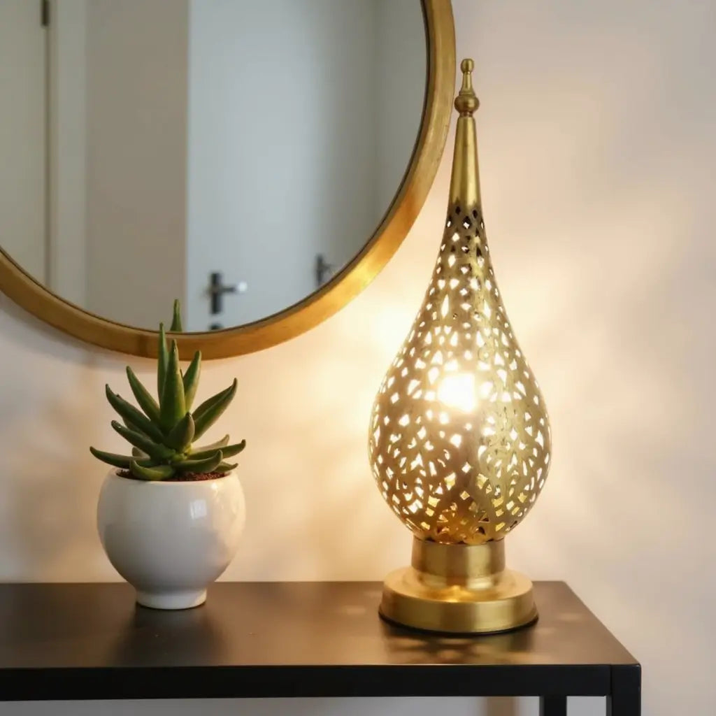 Brass Bedside Lamp 14″ – Hand-Pierced Moroccan Table Lamp with Arabesque Patt… image 7