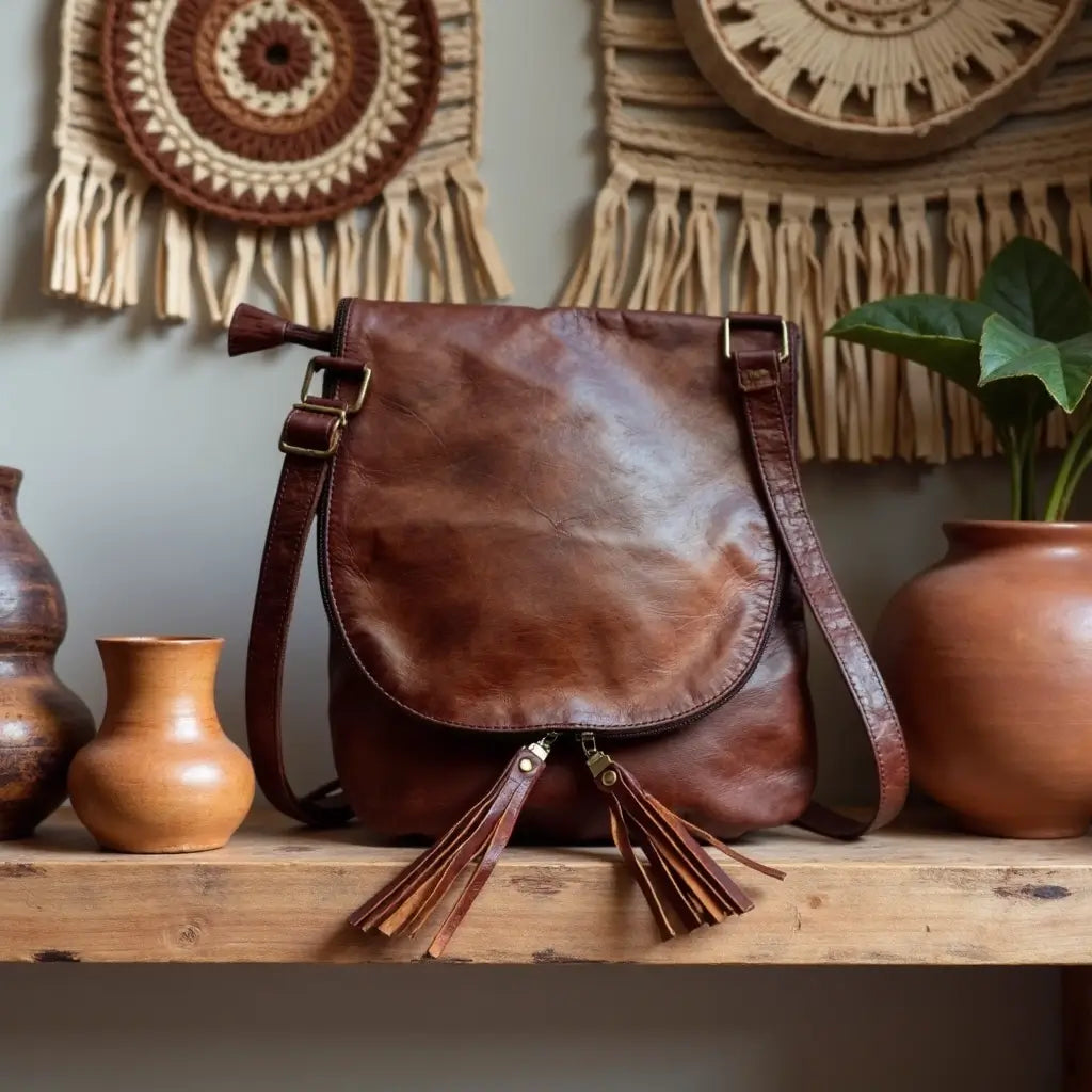 Brown Leather Crossbody Bag with Tassel Detail – Handcrafted Purse image 2