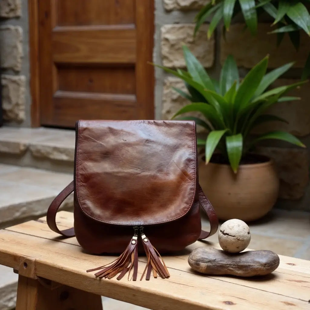 Brown Leather Crossbody Bag with Tassel Detail – Handcrafted Purse image 3