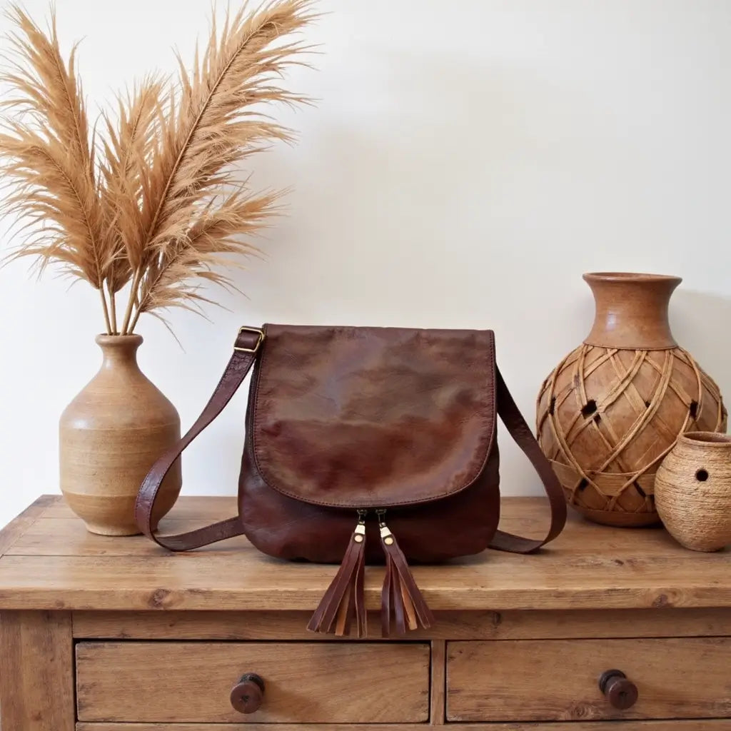 Brown Leather Crossbody Bag with Tassel Detail – Handcrafted Purse image 5