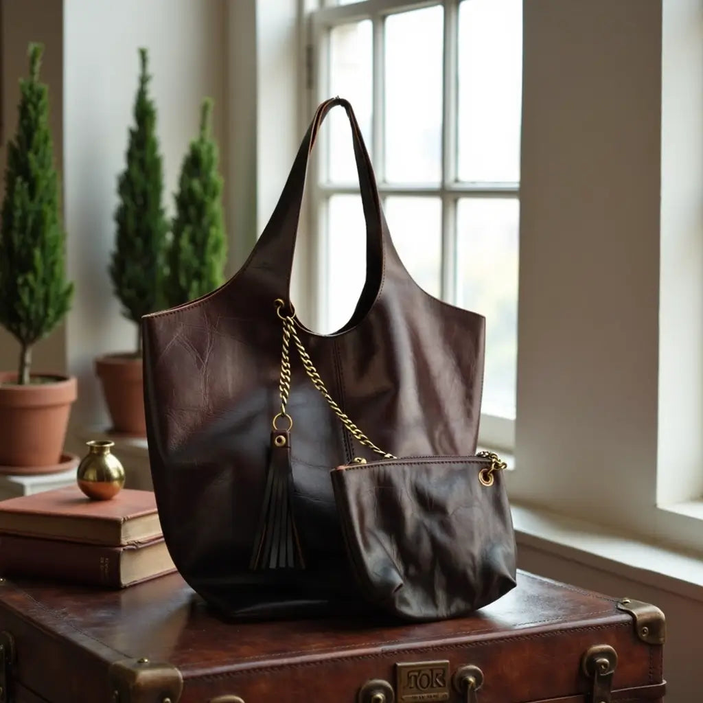 Dark Brown Leather Handbag & Wallet Set – Handcrafted 36cm image 4