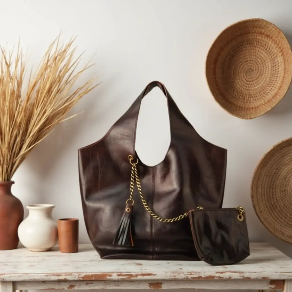 Dark Brown Leather Handbag & Wallet Set – Handcrafted 36cm image 6