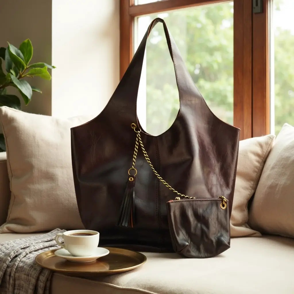 Dark Brown Leather Handbag & Wallet Set – Handcrafted 36cm image 7