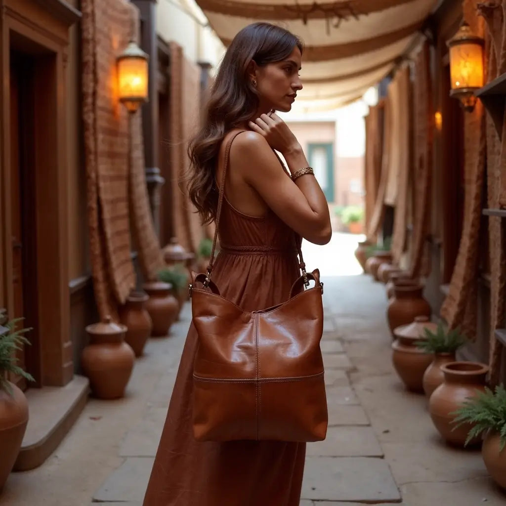 Cognac Brown Leather Hobo Handbag – Handcrafted Moroccan Shoulder Bag image 4