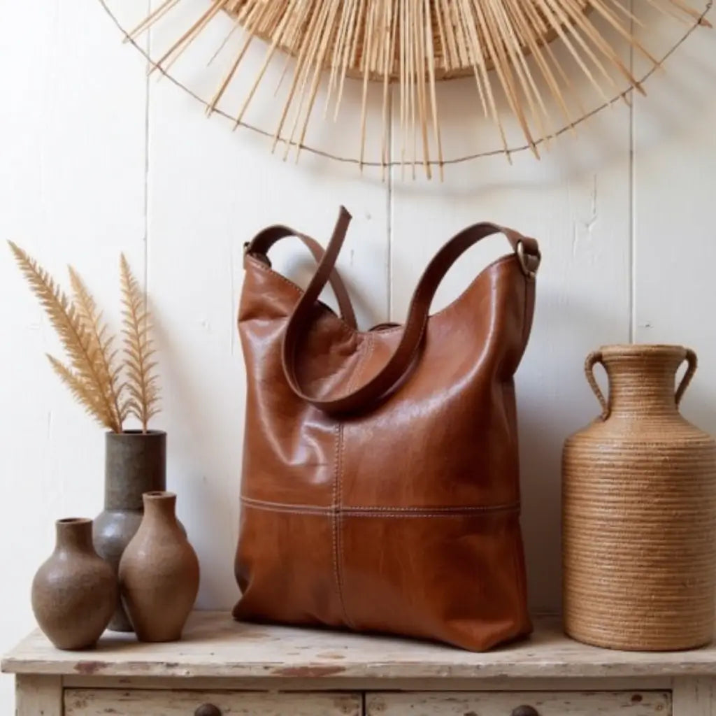 Cognac Brown Leather Hobo Handbag – Handcrafted Moroccan Shoulder Bag image 10