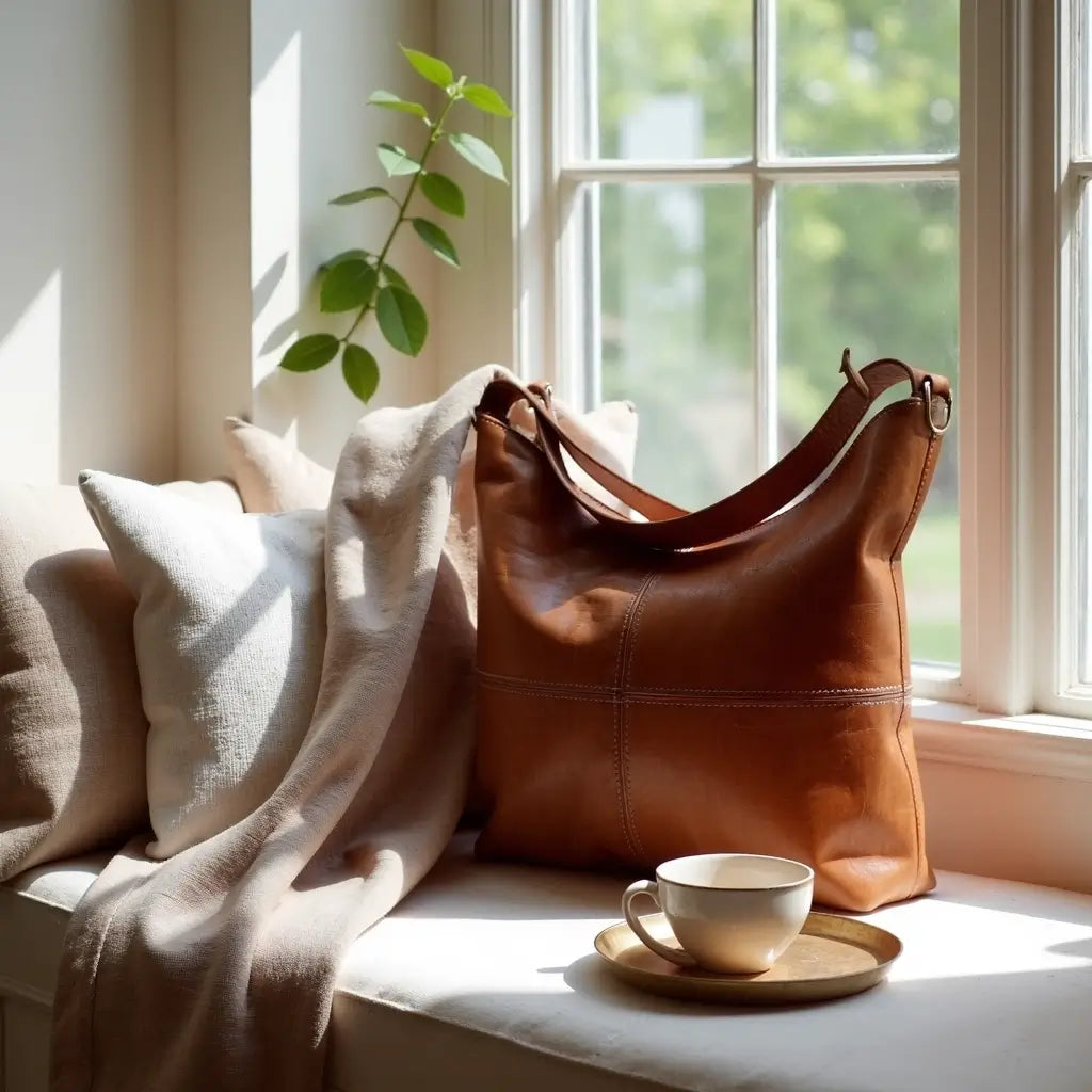 Cognac Brown Leather Hobo Handbag – Handcrafted Moroccan Shoulder Bag image 11