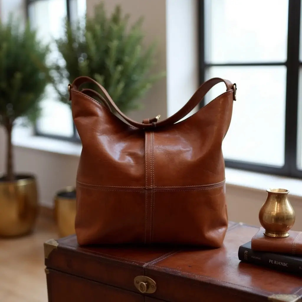 Cognac Brown Leather Hobo Handbag – Handcrafted Moroccan Shoulder Bag image 12