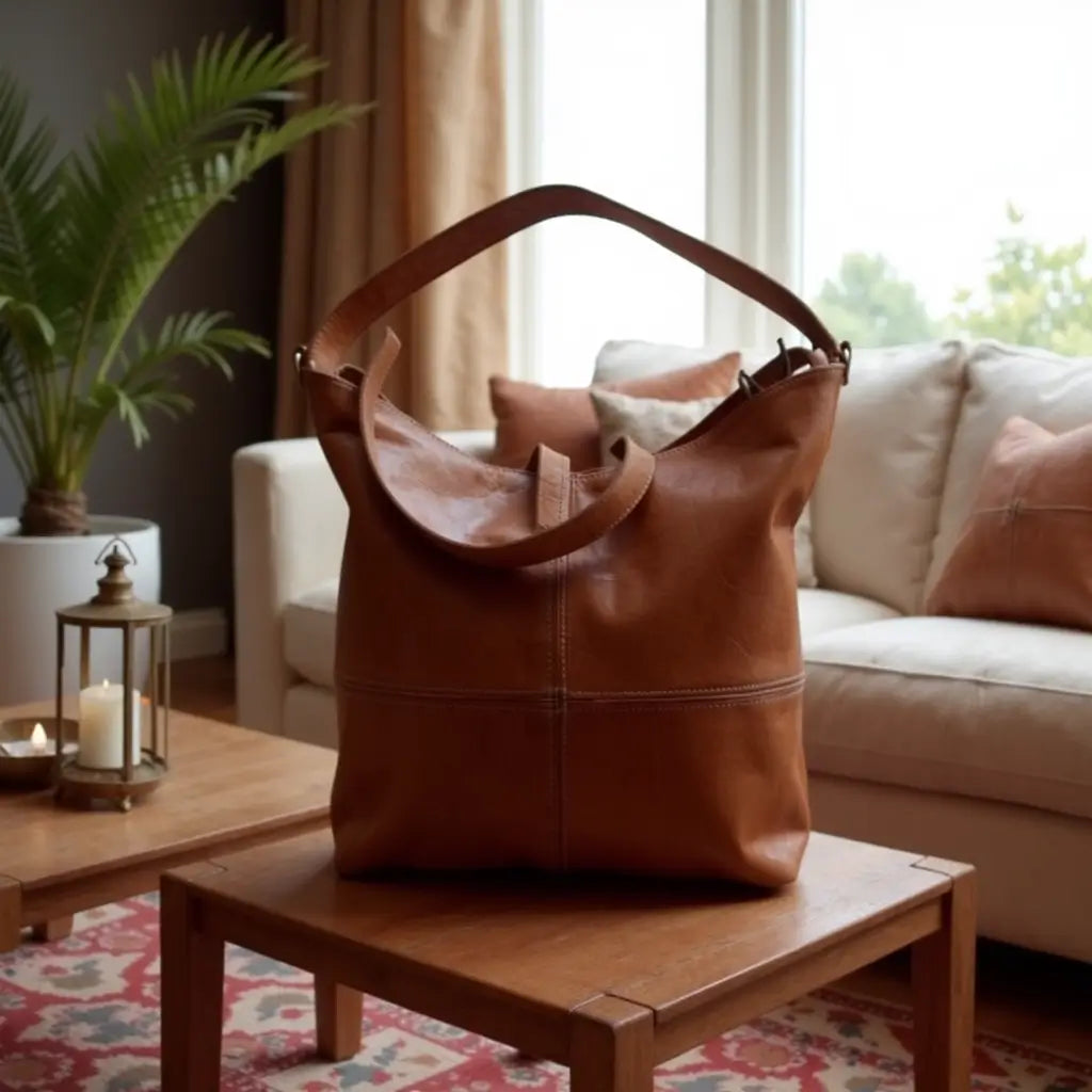 Cognac Brown Leather Hobo Handbag – Handcrafted Moroccan Shoulder Bag image 8