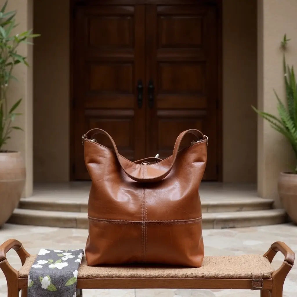 Cognac Brown Leather Hobo Handbag – Handcrafted Moroccan Shoulder Bag image 3