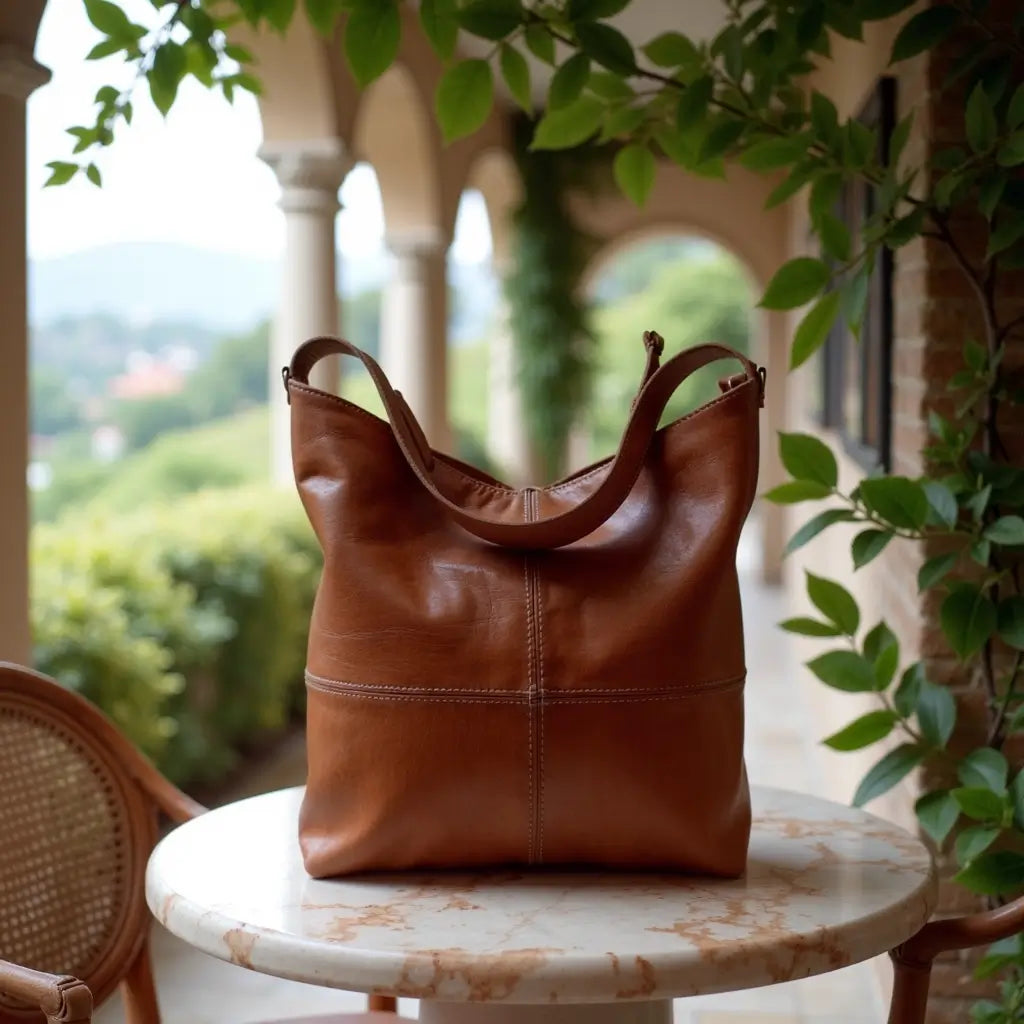 Cognac Brown Leather Hobo Handbag – Handcrafted Moroccan Shoulder Bag image 9