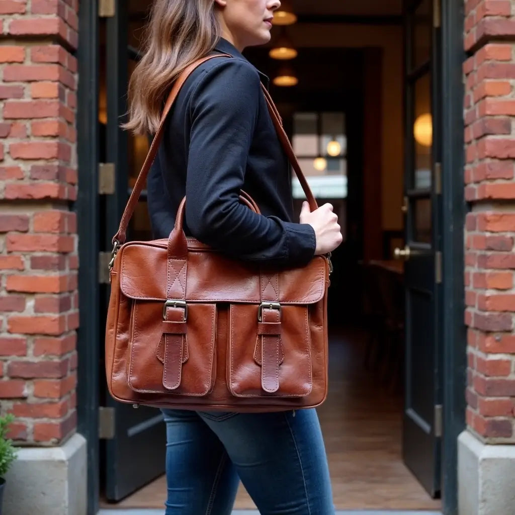 Atlas Leather Laptop Messenger Bag – Professional Briefcase with Brass Hardware image