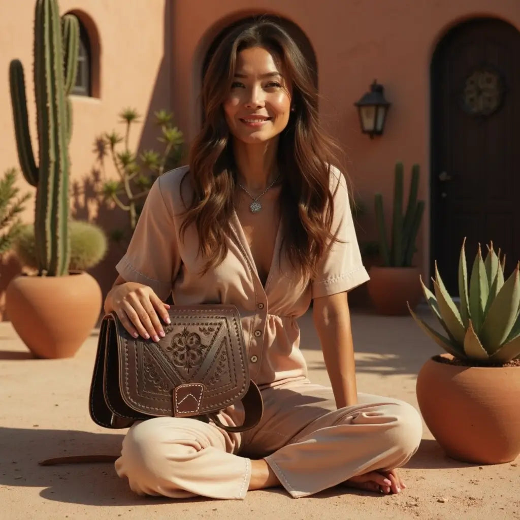 Embossed Leather Shoulder Bag – Handcrafted Brown Saddle Bag with Floral Tooling image 3