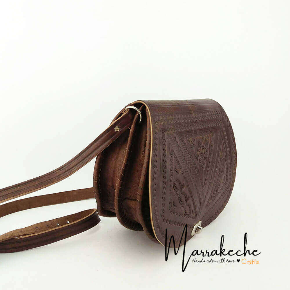 Embossed Leather Shoulder Bag – Handcrafted Brown Saddle Bag with Floral Tooling image 14