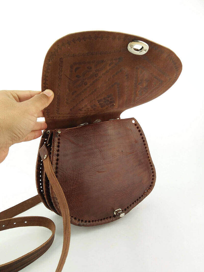 Embossed Leather Shoulder Bag – Handcrafted Brown Saddle Bag with Floral Tooling image 13