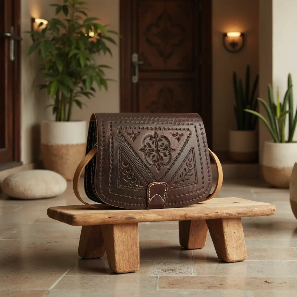 Embossed Leather Shoulder Bag – Handcrafted Brown Saddle Bag with Floral Tooling image 8