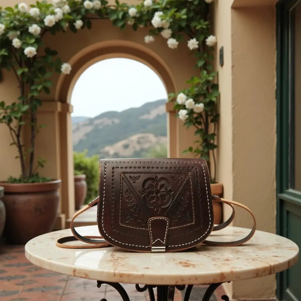 Embossed Leather Shoulder Bag – Handcrafted Brown Saddle Bag with Floral Tooling image 9