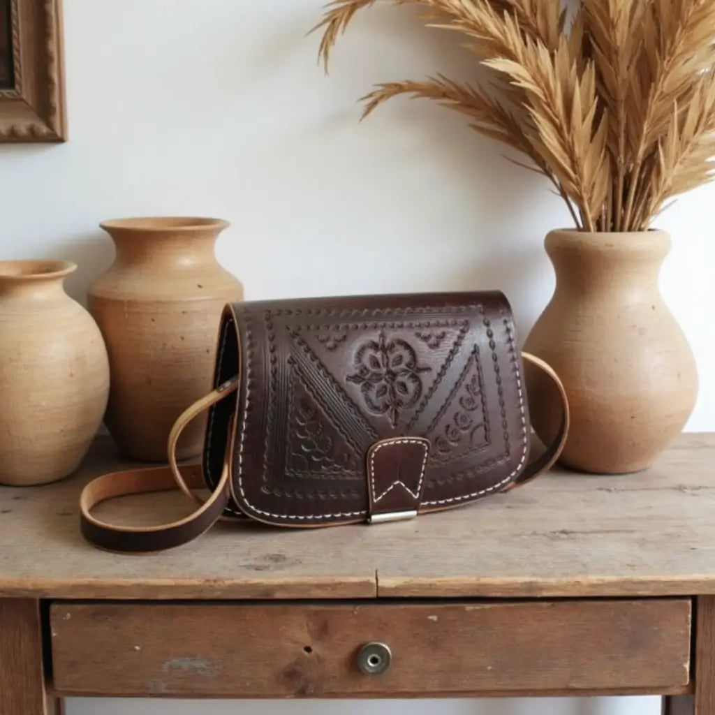 Embossed Leather Shoulder Bag – Handcrafted Brown Saddle Bag with Floral Tooling image 10