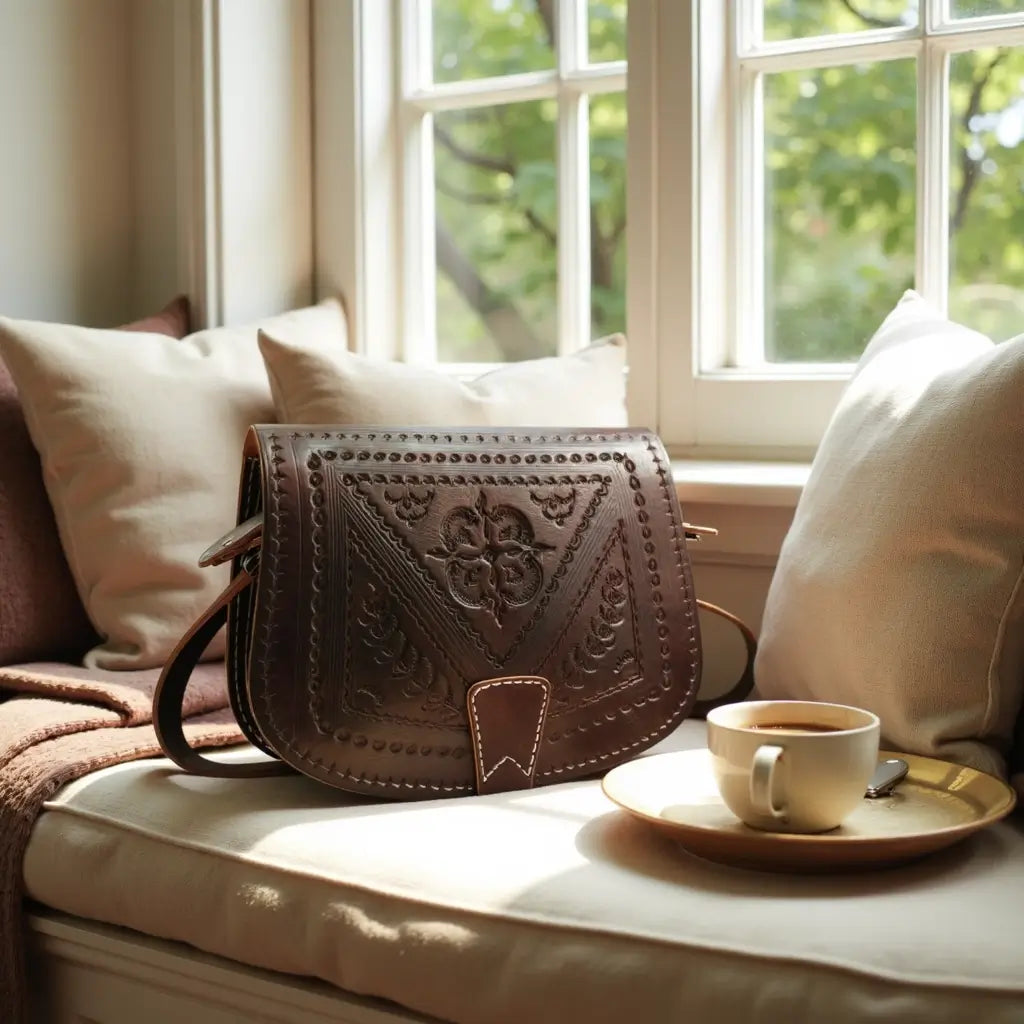 Embossed Leather Shoulder Bag – Handcrafted Brown Saddle Bag with Floral Tooling image 11