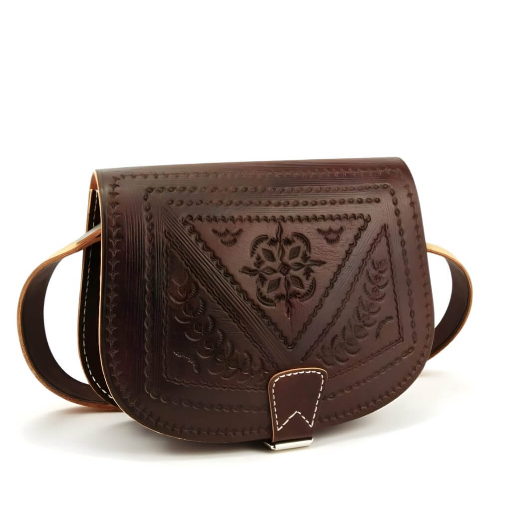 Embossed Leather Shoulder Bag – Handcrafted Brown Saddle Bag with Floral Tooling image