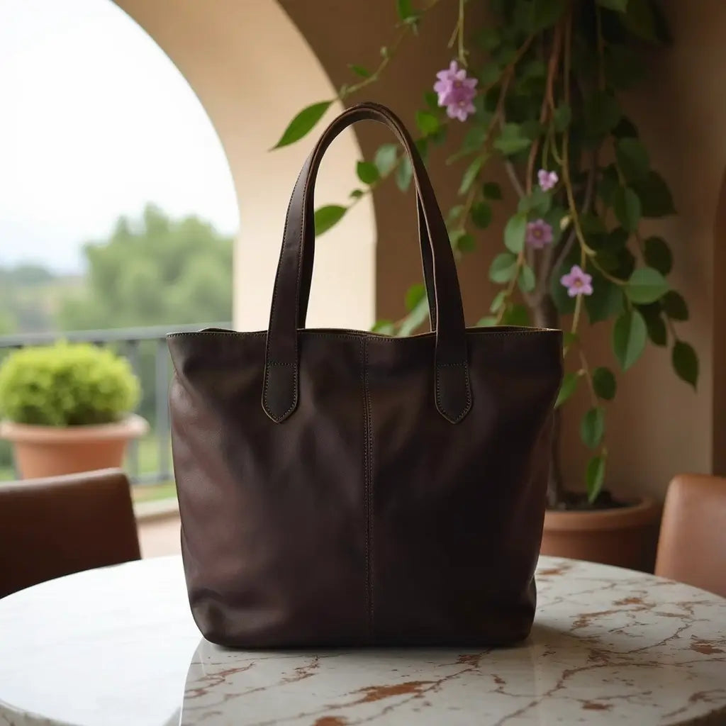 Cognac Leather Tote Bag – Handcrafted City Carryall with Brass Hardware image 3