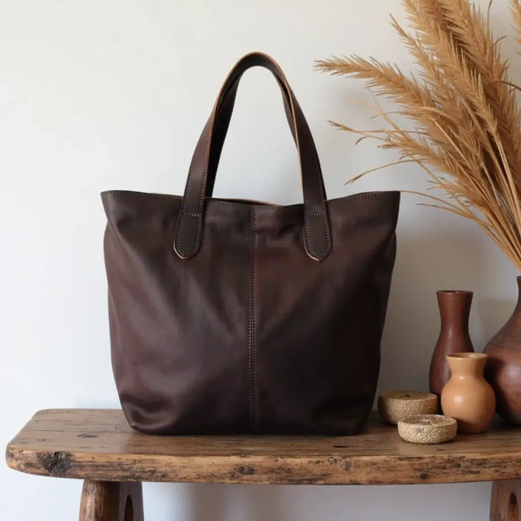 Cognac Leather Tote Bag – Handcrafted City Carryall with Brass Hardware image 4