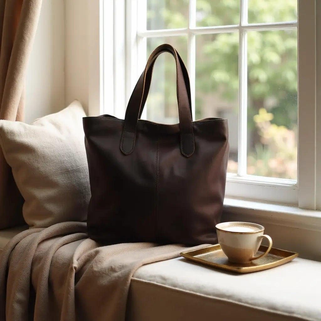 Cognac Leather Tote Bag – Handcrafted City Carryall with Brass Hardware image 5