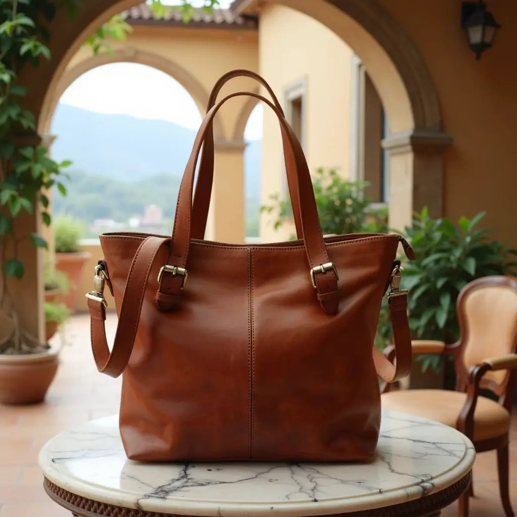Cognac Leather Tote Bag – Handcrafted City Carryall with Brass Hardware image 2