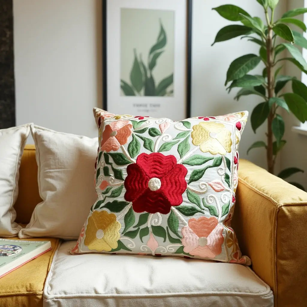 Floral Embroidered Cotton Pillow Covers Set of 2 – Handcrafted Cushions image