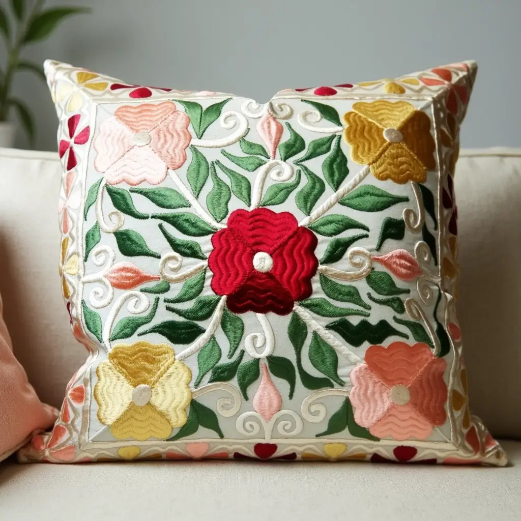 Floral Embroidered Cotton Pillow Covers Set of 2 – Handcrafted Cushions image 3