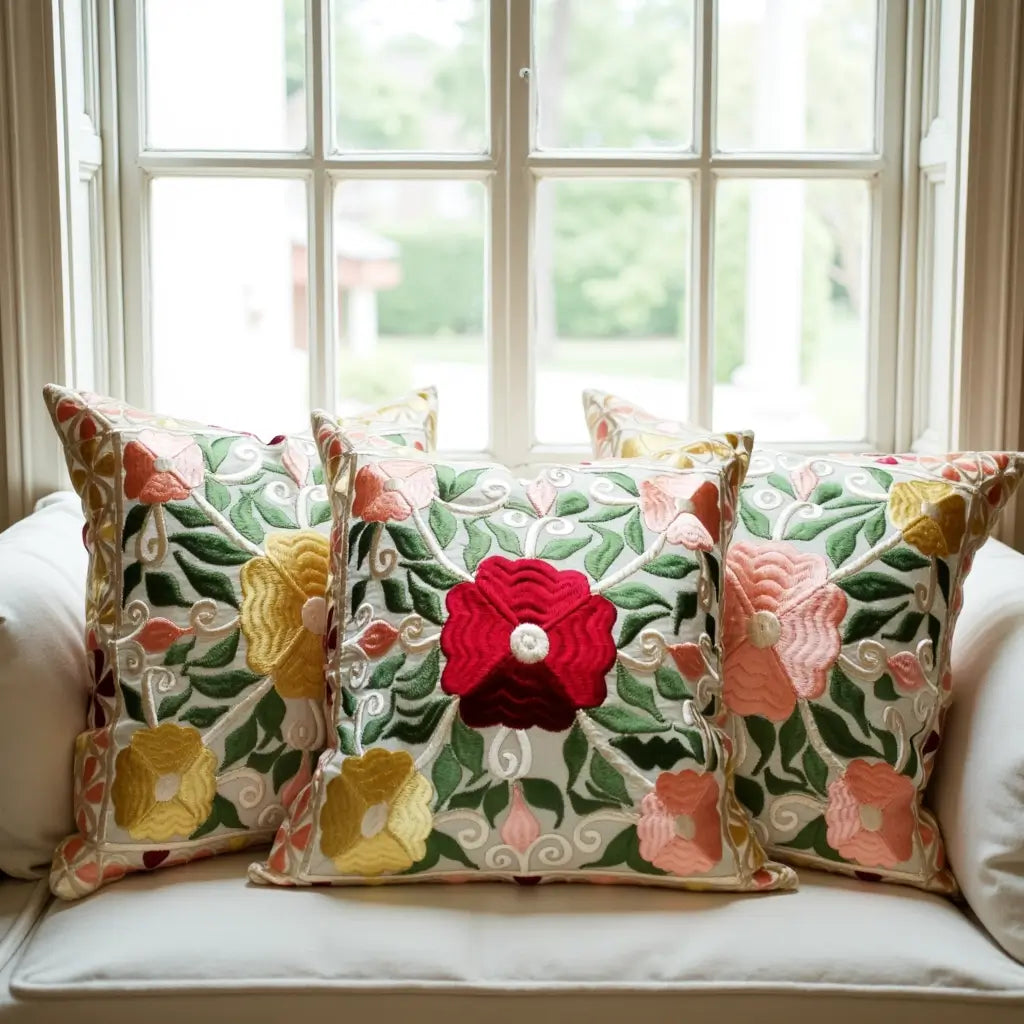 Floral Embroidered Cotton Pillow Covers Set of 2 – Handcrafted Cushions image 5