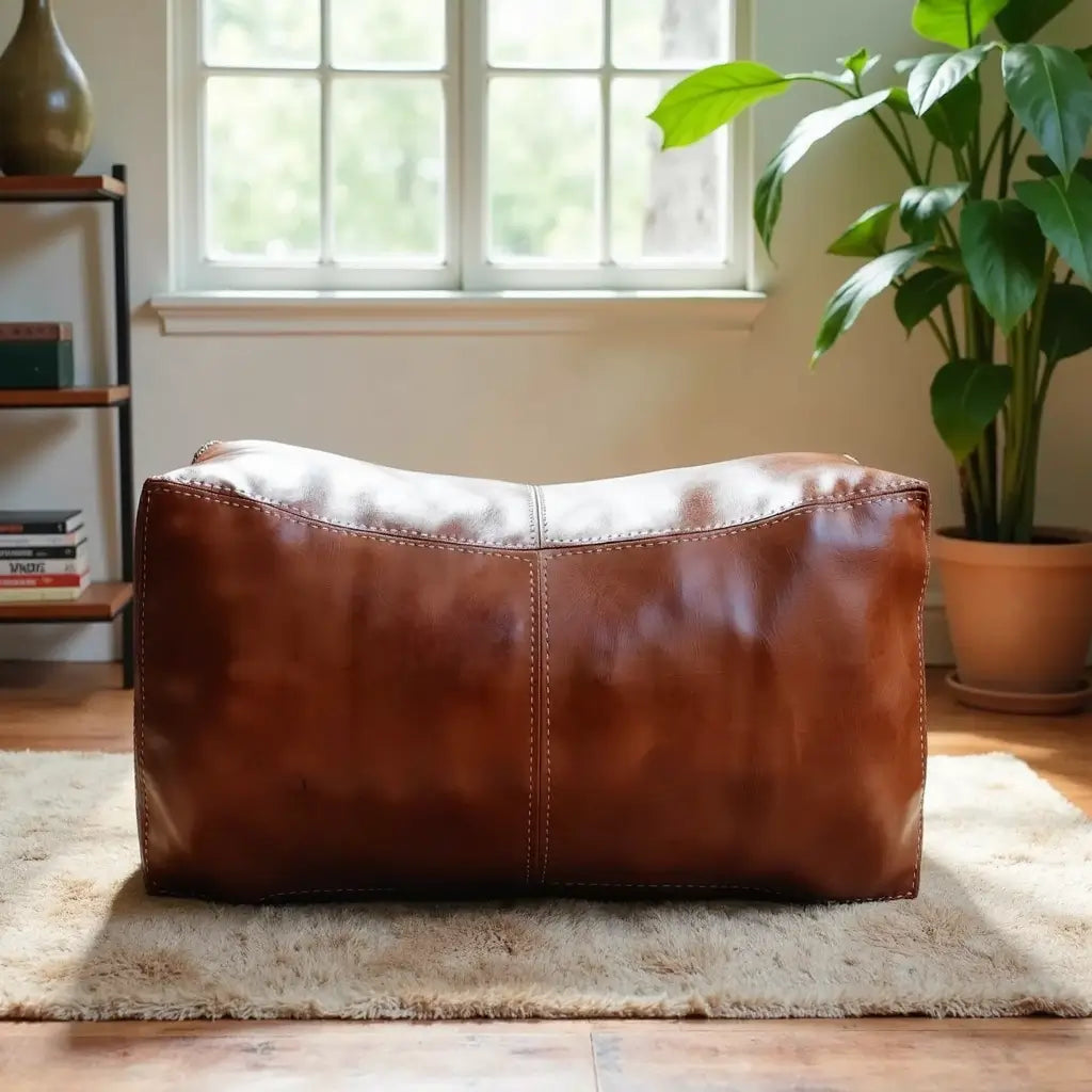Leather Rectangle Ottoman 36″ – Handcrafted Floor Pouf Footrest image 9
