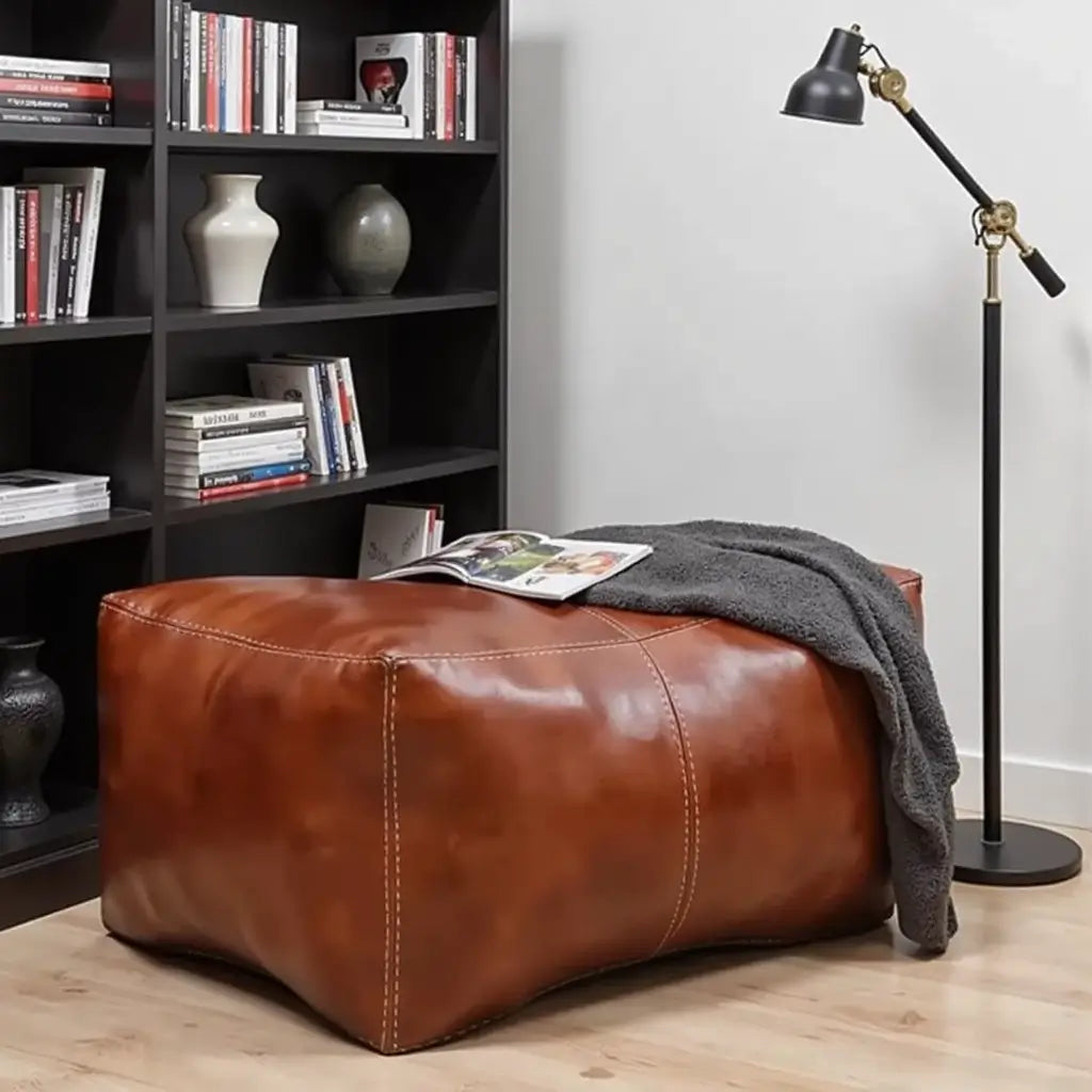 Leather Rectangle Ottoman 36″ – Handcrafted Floor Pouf Footrest image 2