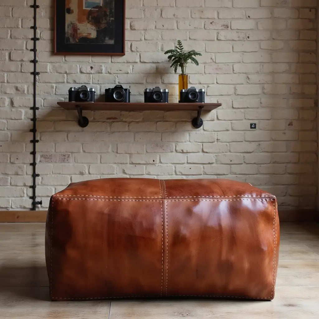 Leather Rectangle Ottoman 36″ – Handcrafted Floor Pouf Footrest image 3