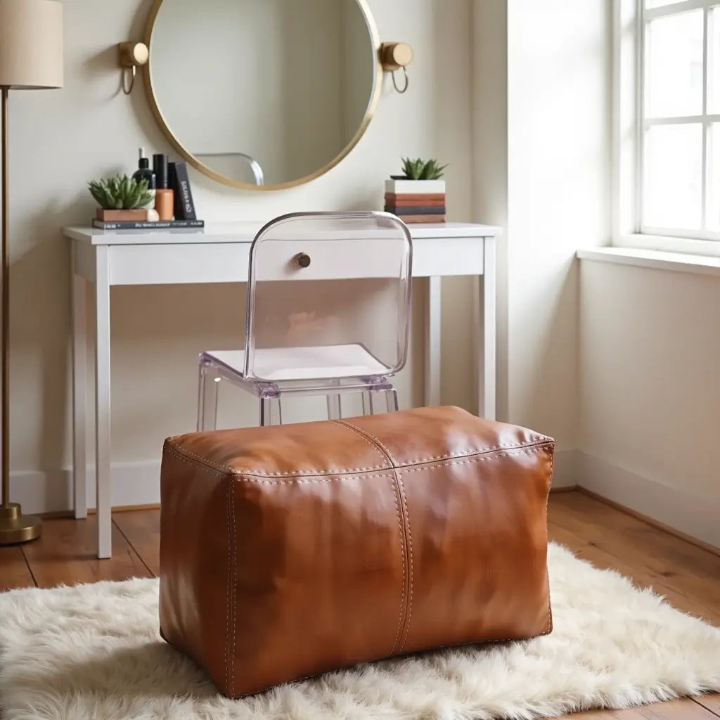 Leather Rectangle Ottoman 36″ – Handcrafted Floor Pouf Footrest image 6