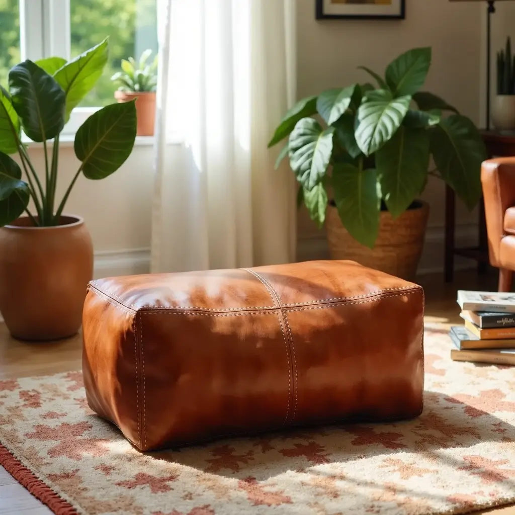 Leather Rectangle Ottoman 36″ – Handcrafted Floor Pouf Footrest image 8