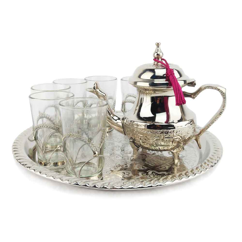 Silver Tea Gift Set – Handcrafted 6 Glass Service with Engraved Teapot image