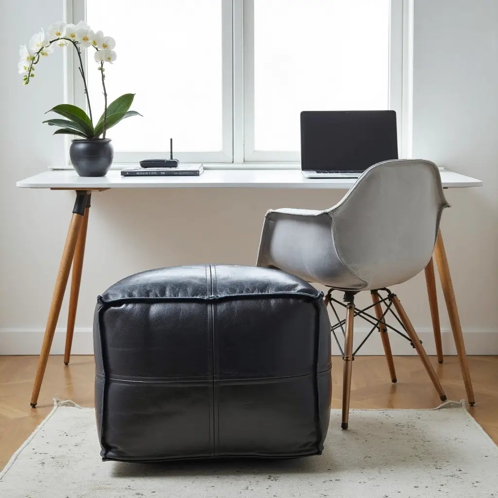 Black Leather Square Pouf Ottoman – Handcrafted Floor Seating in 14 Sizes image 4