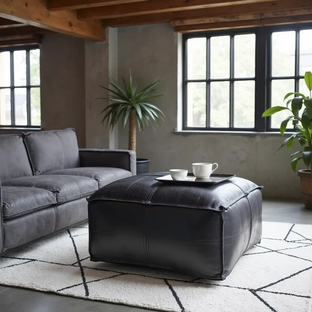 Black Leather Square Pouf Ottoman – Handcrafted Floor Seating in 14 Sizes image 5