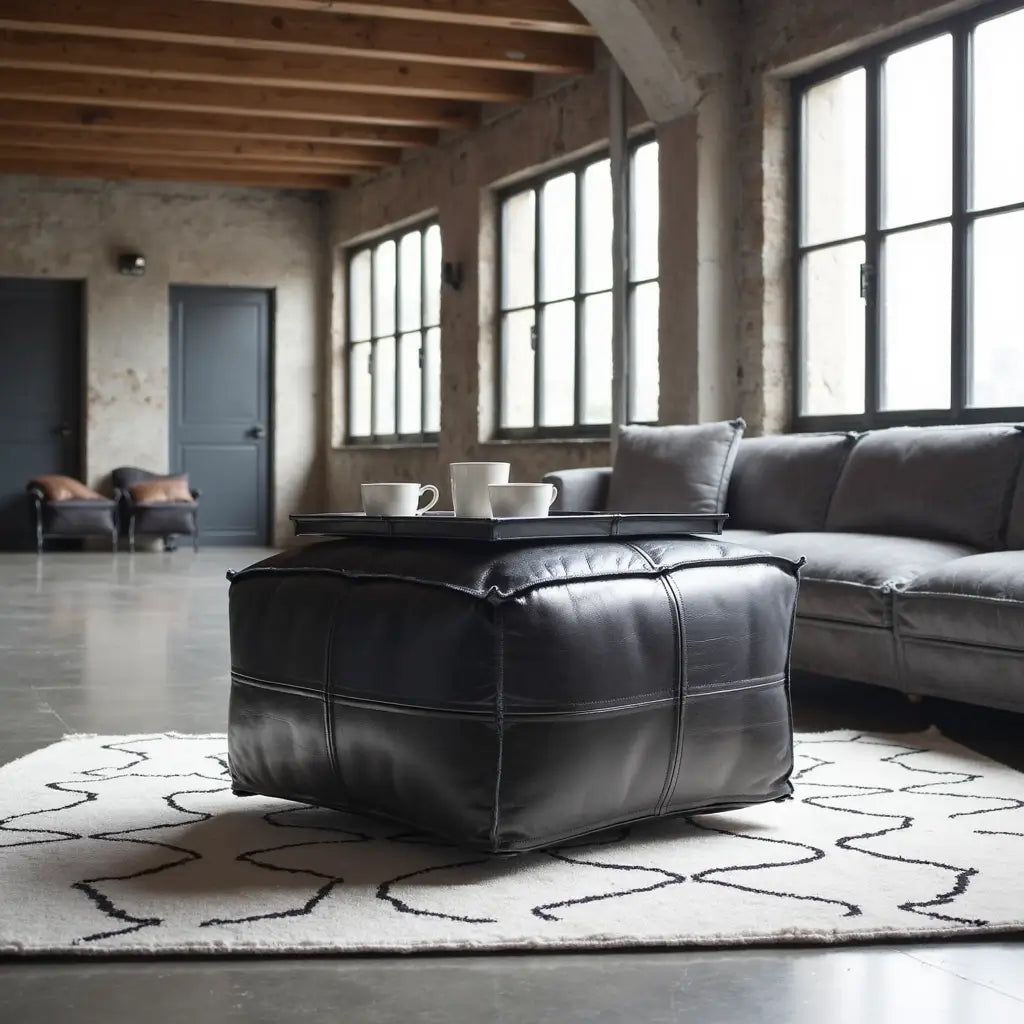 Black Leather Square Pouf Ottoman – Handcrafted Floor Seating in 14 Sizes image 3