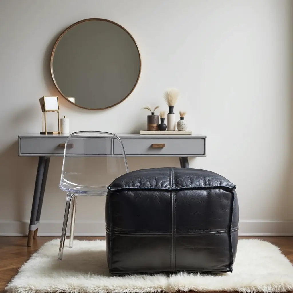 Black Leather Square Pouf Ottoman – Handcrafted Floor Seating in 14 Sizes image 10
