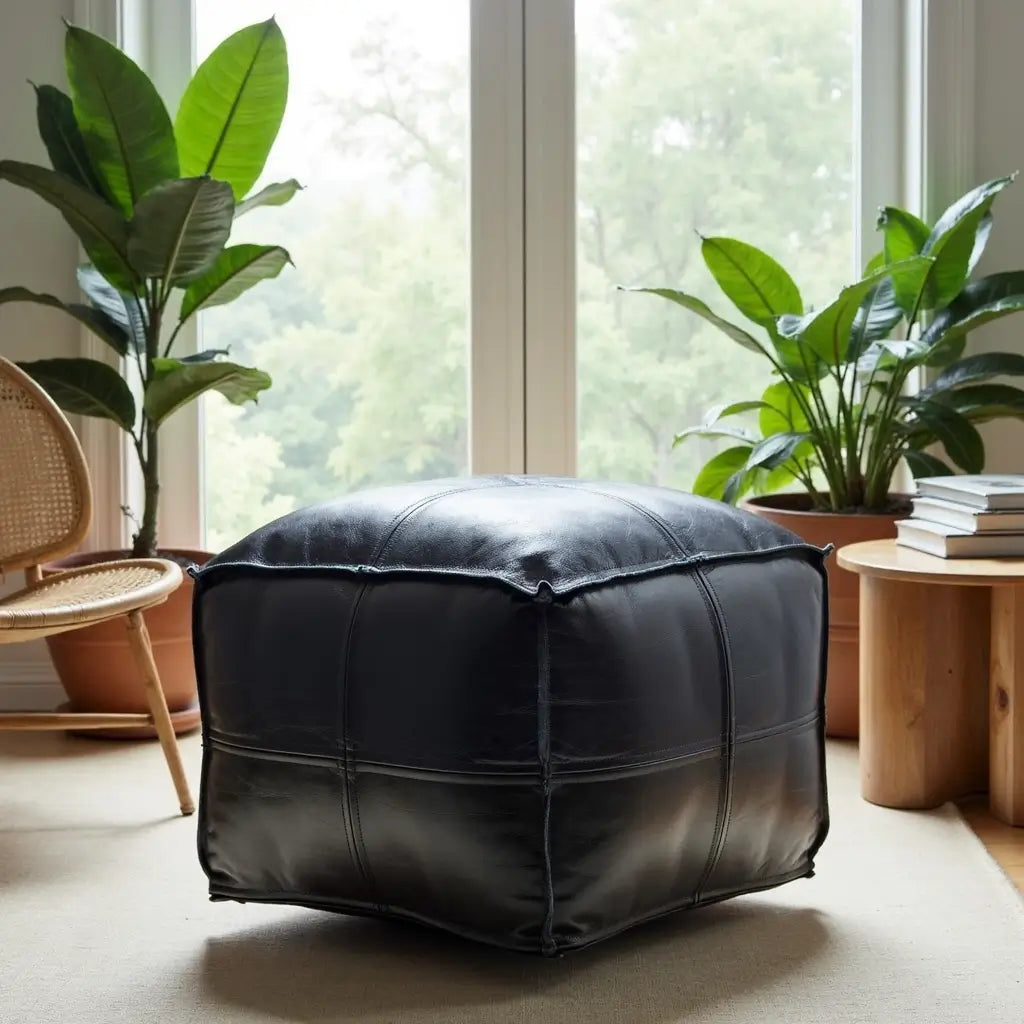 Black Leather Square Pouf Ottoman – Handcrafted Floor Seating in 14 Sizes image 9