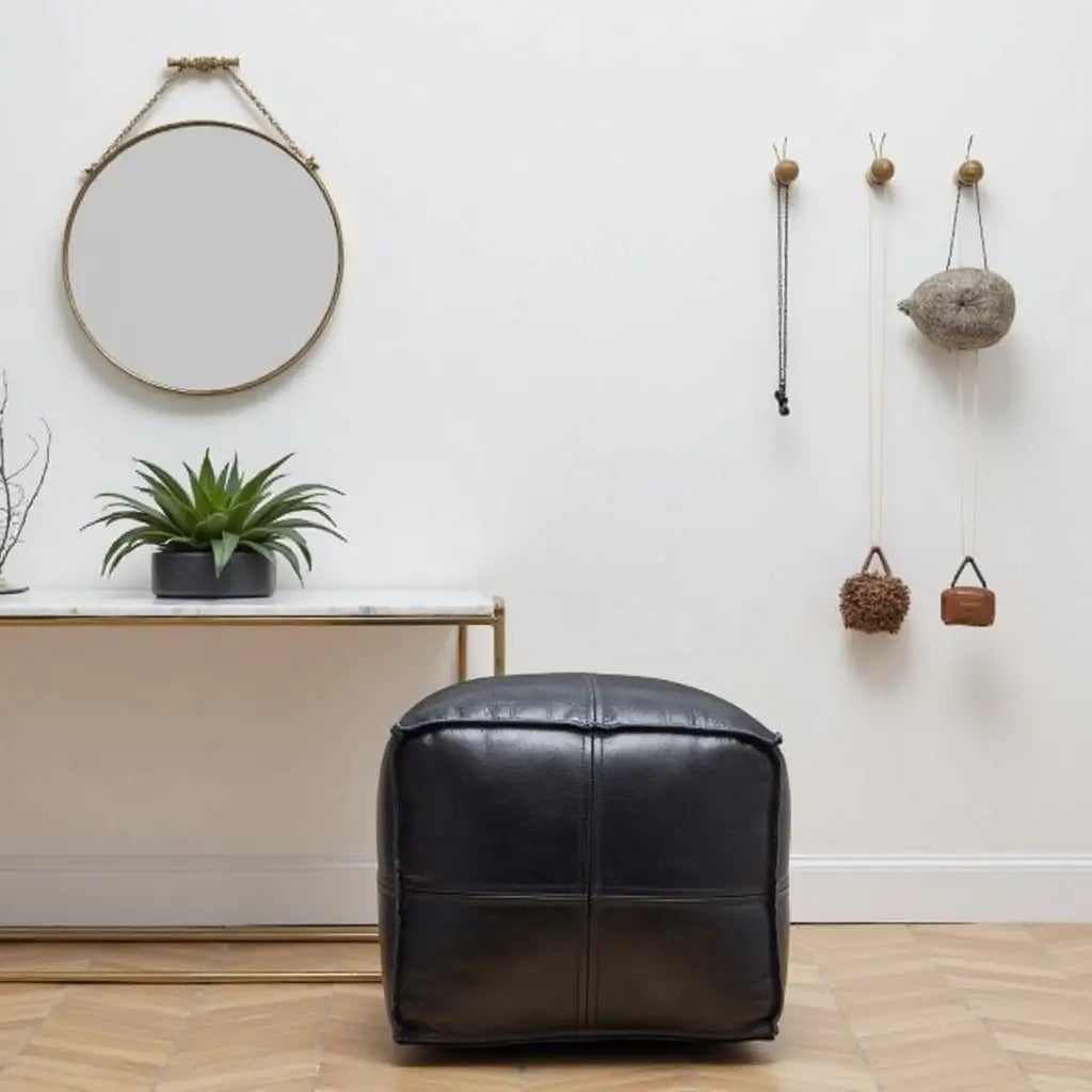 Black Leather Square Pouf Ottoman – Handcrafted Floor Seating in 14 Sizes image 7
