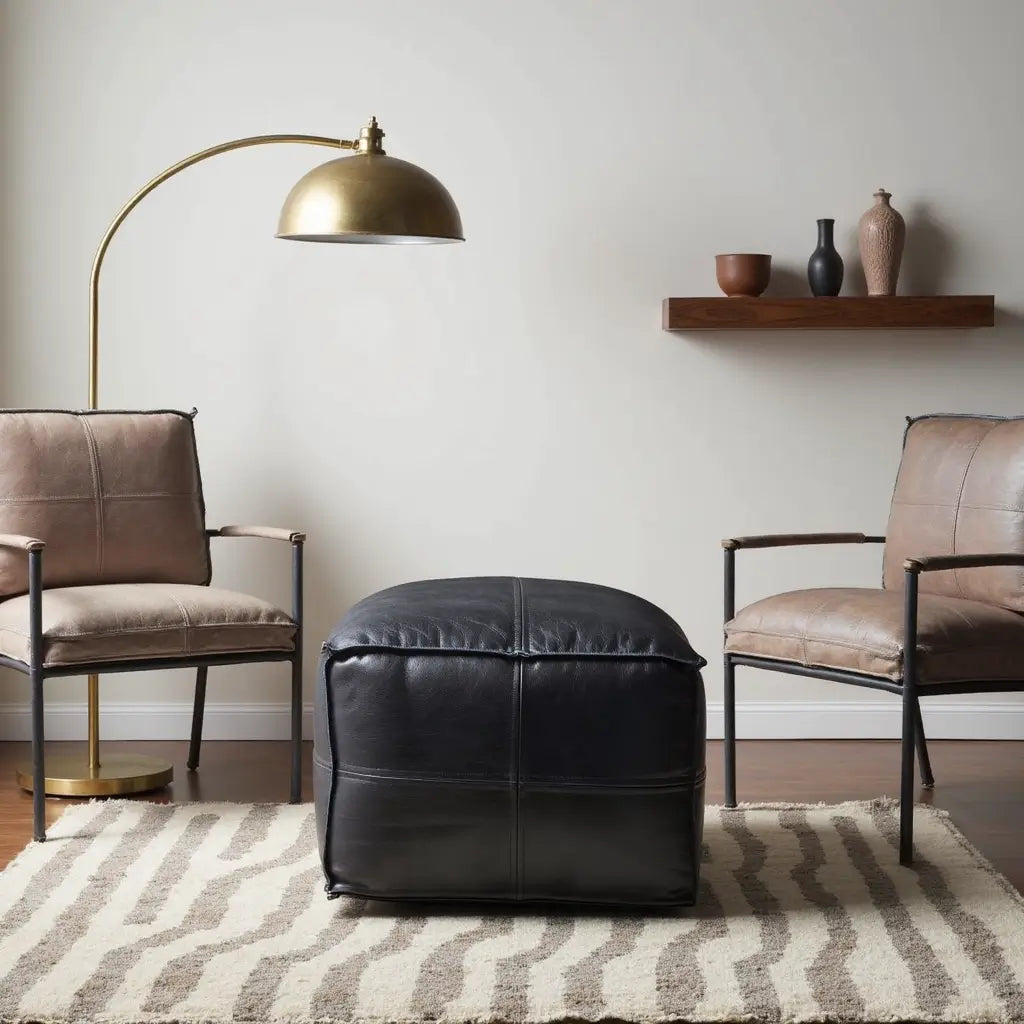 Black Leather Square Pouf Ottoman – Handcrafted Floor Seating in 14 Sizes image 6